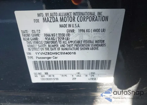 2012 Mazda 6 z USA, uszkodzony, nr VIN 1YVHZ8DH9C5M40016